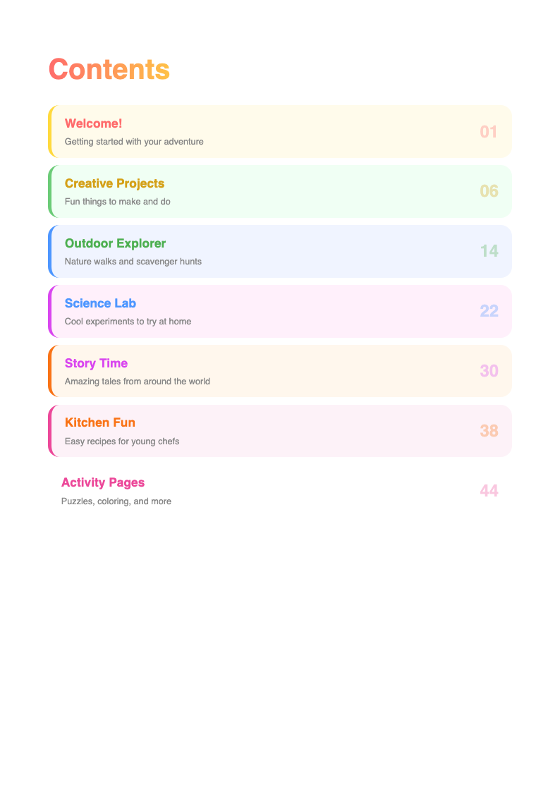 Playful colorful table of contents